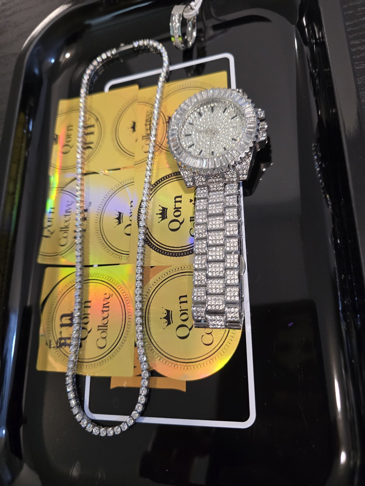 Custom Iced Out Bundle – Qorn 18″ Moissanite Chain, 40mm CZ Watch & Steel Ring