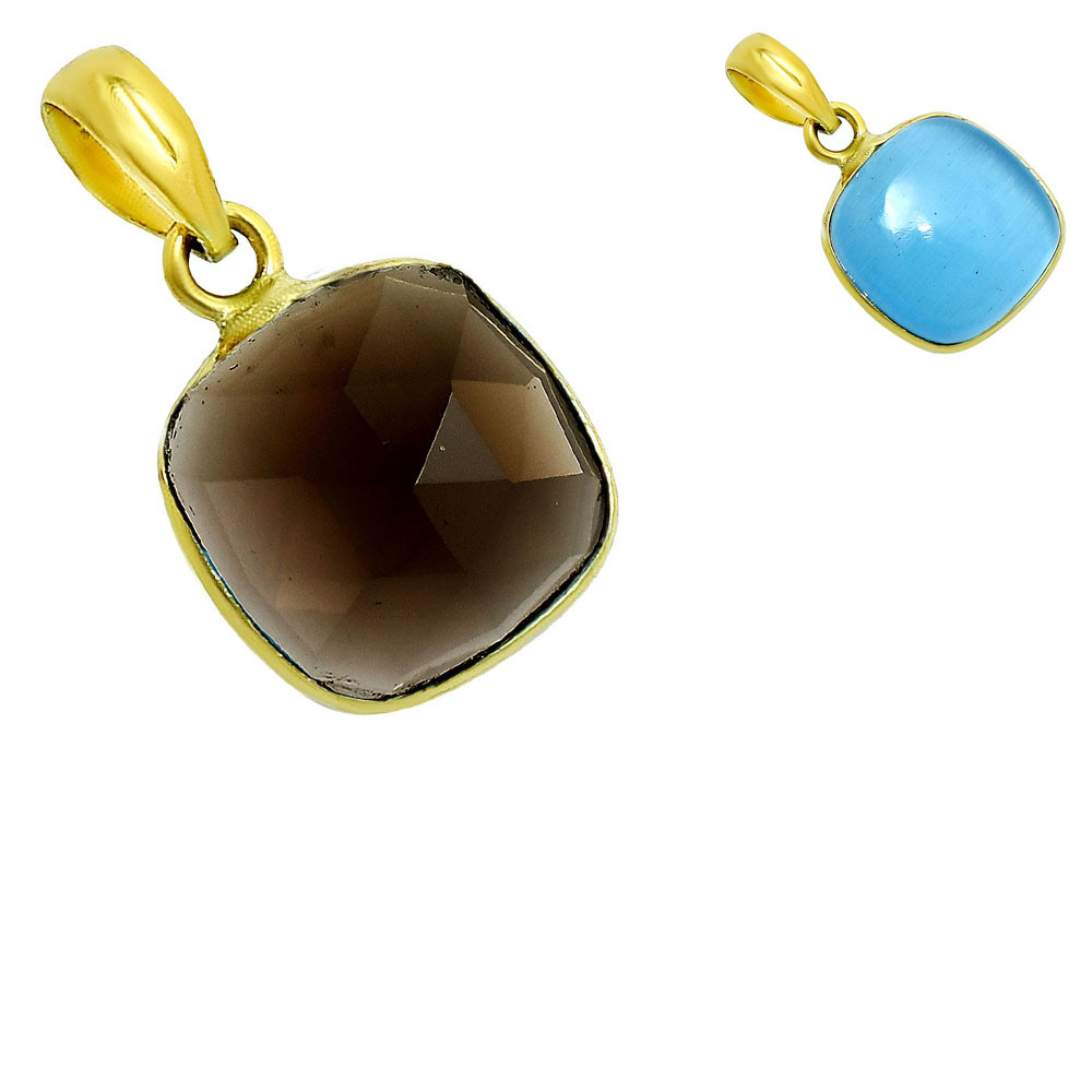 18K Gold Over Brass Smoky Blue Quartz Cushion Gemstone Pendant for Women TGP1003