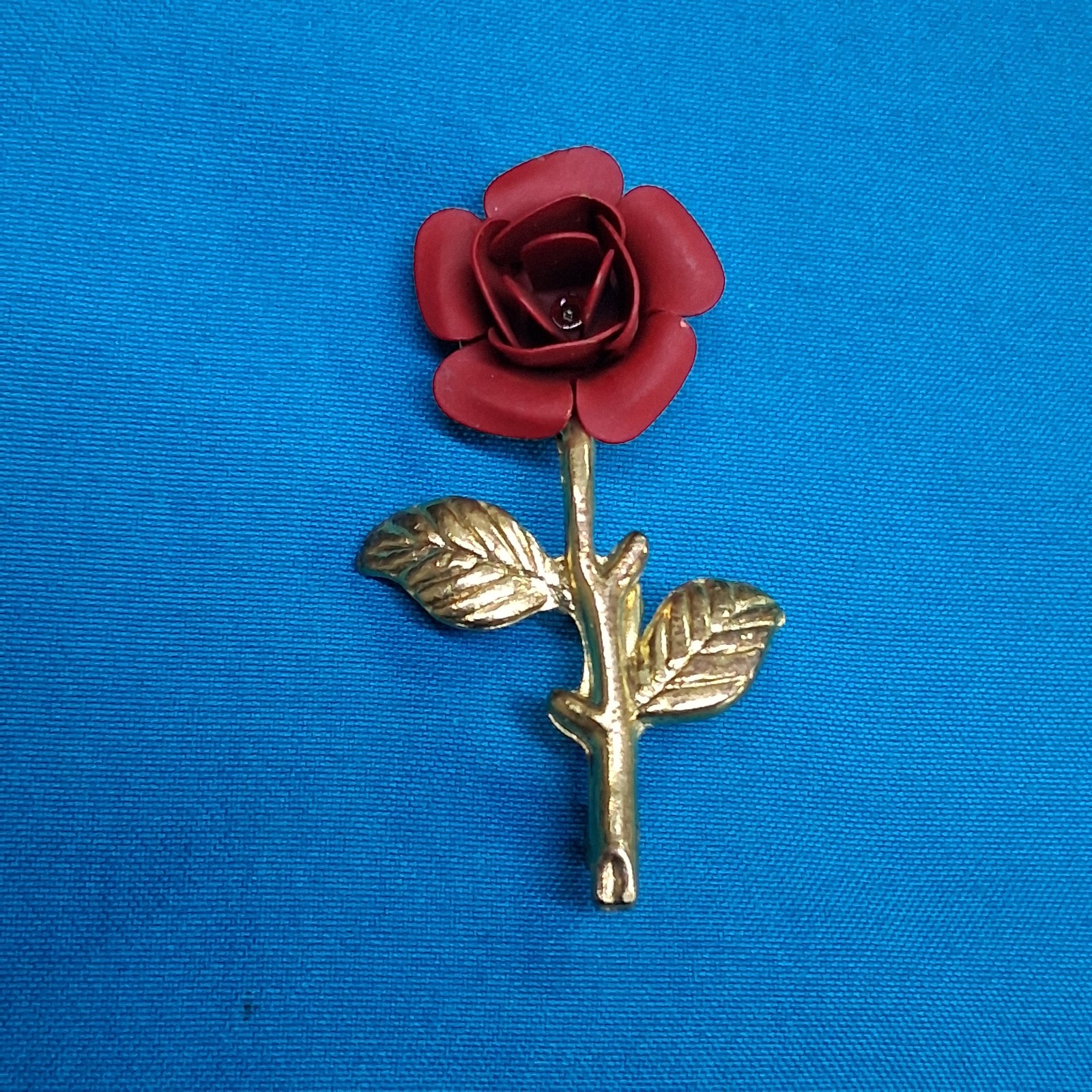 Vintage Brass Stem Red Rose Design Brooch Pin