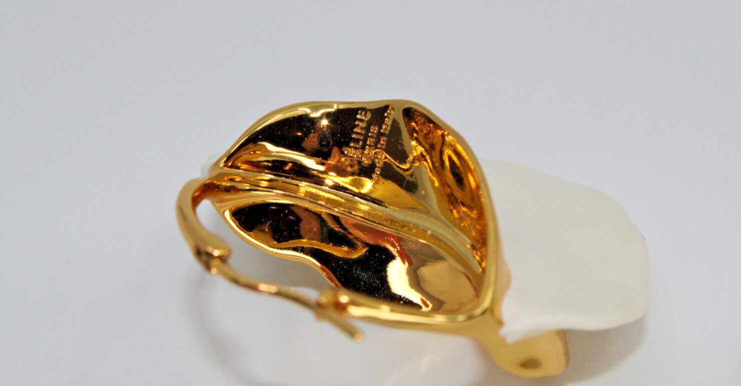 B8 Celine Gold Tone & White Textured Swirl Phoebe Philo Collection Hoop Earrings
