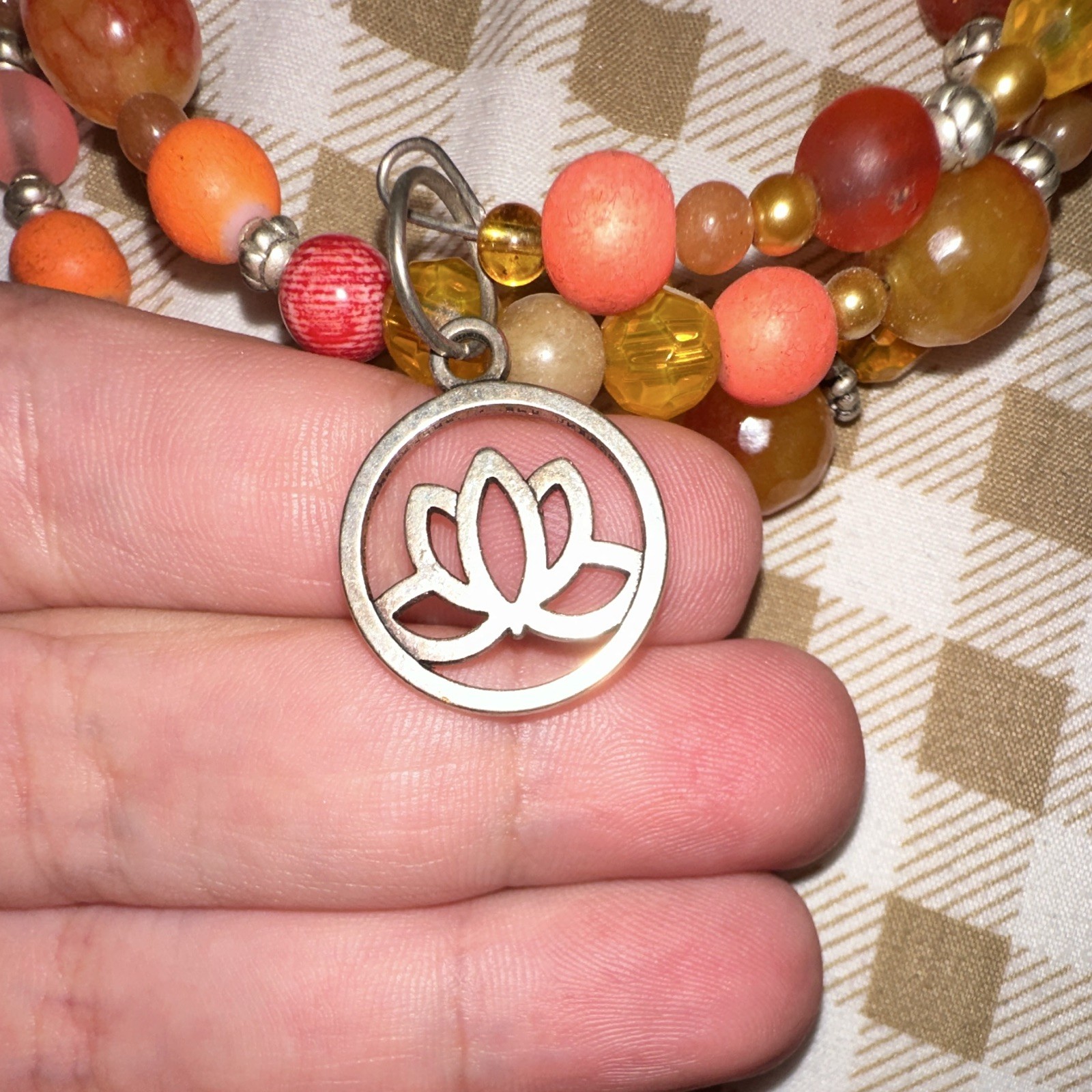 Multicolor Round Bead Beaded Charm Bracelet Lotus Dangle Lobster Clasp