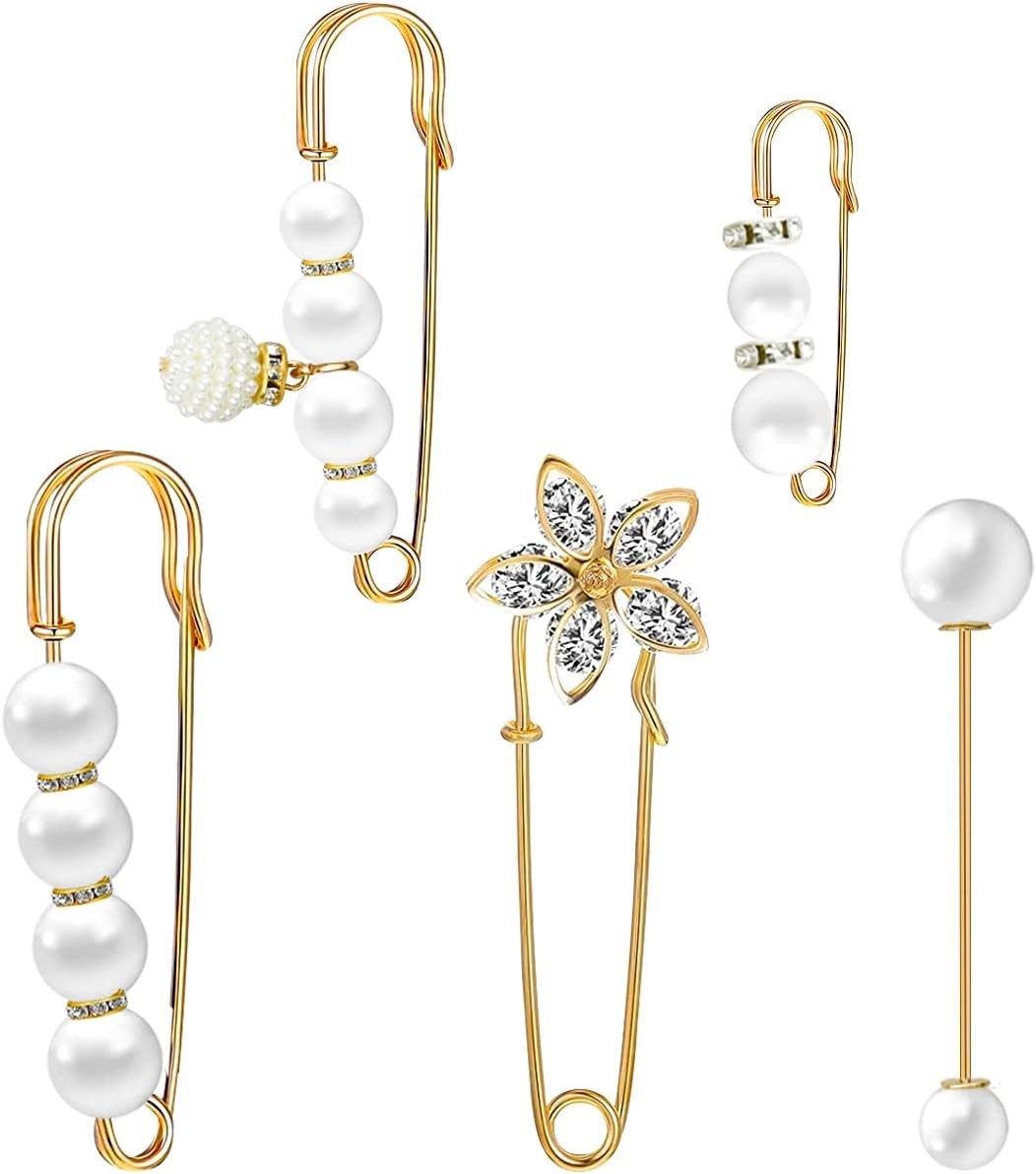 5 Pieces Pearl Brooch Safety Pins for Clothes Safety Pin for Women Fashion Sweat