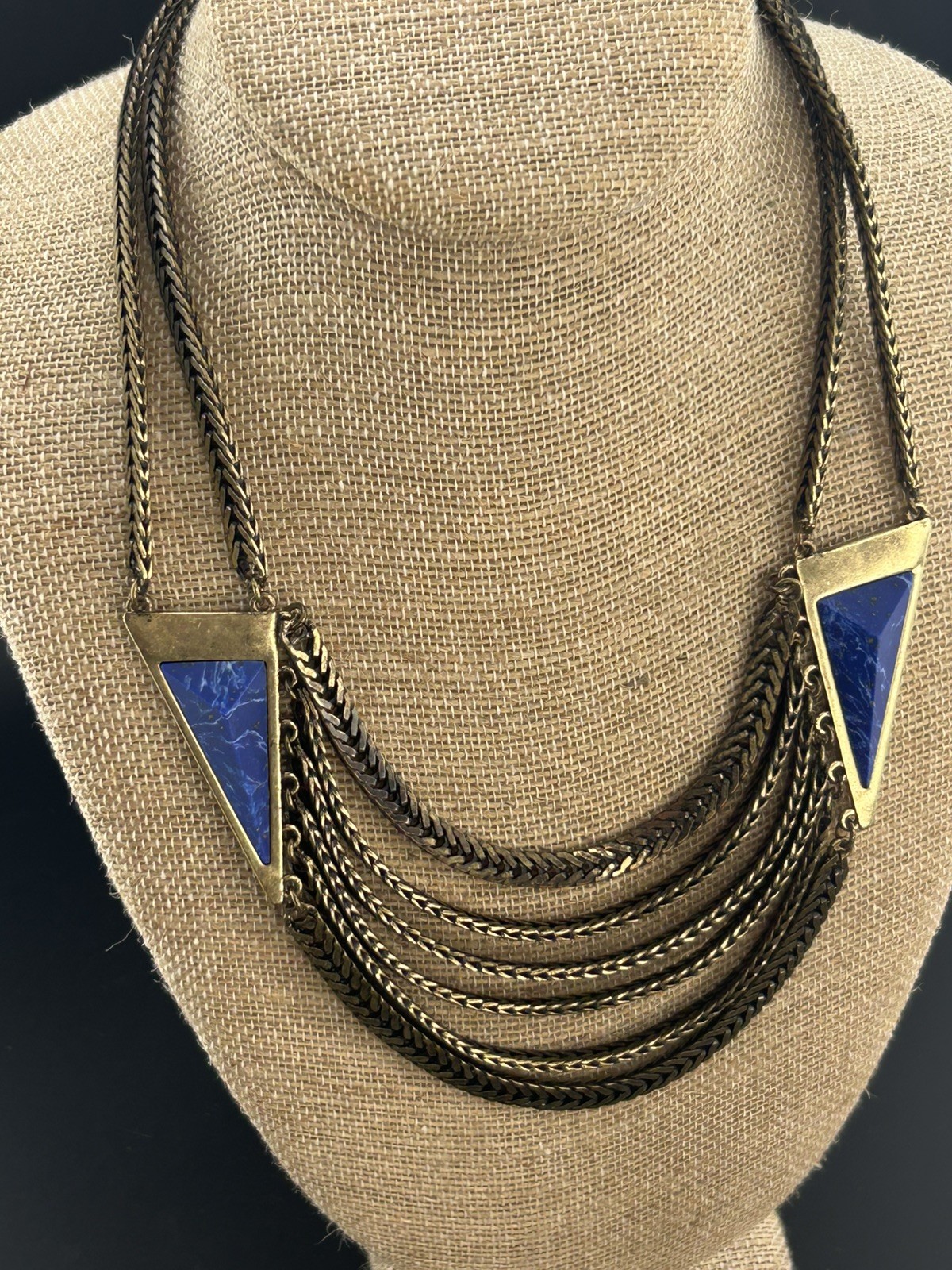 Jenny Bird Multi Strand Brass Chain Statement Bib Necklace Blue Lapis Triangles