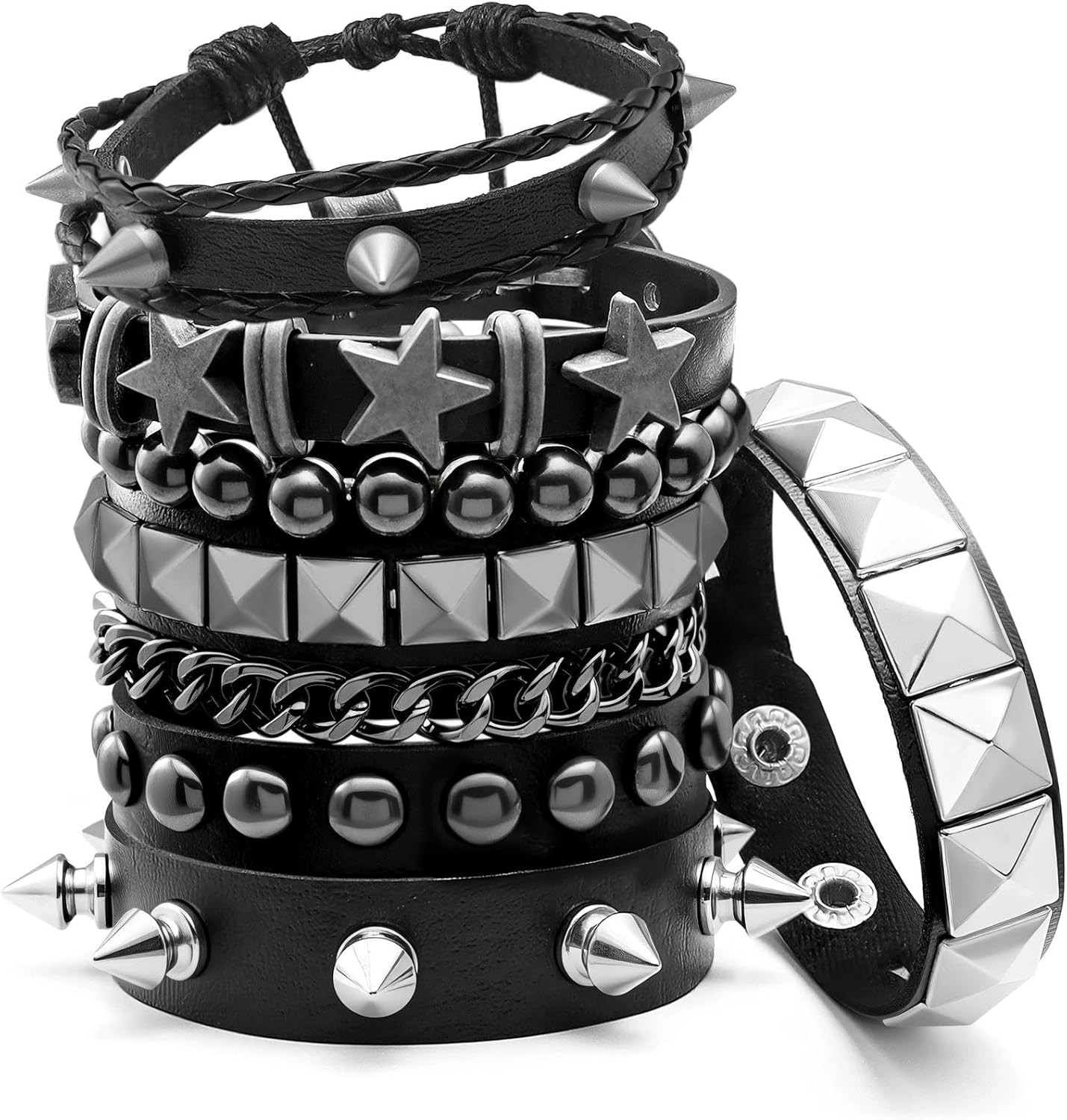 6 Pcs Punk Rock Spiked Studded Bracelets Set for Women Men 80s Alt Gothic Gru…