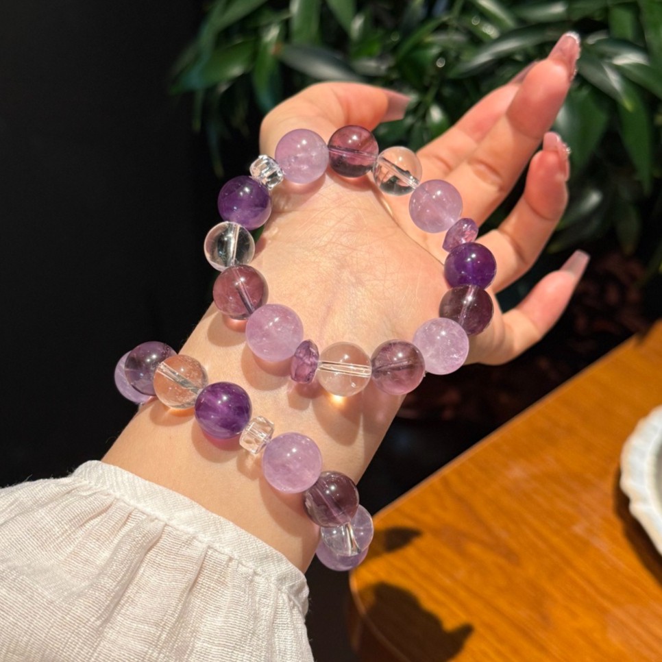 13mm Natural Amethyst and White Crystal Handmade Bracelet