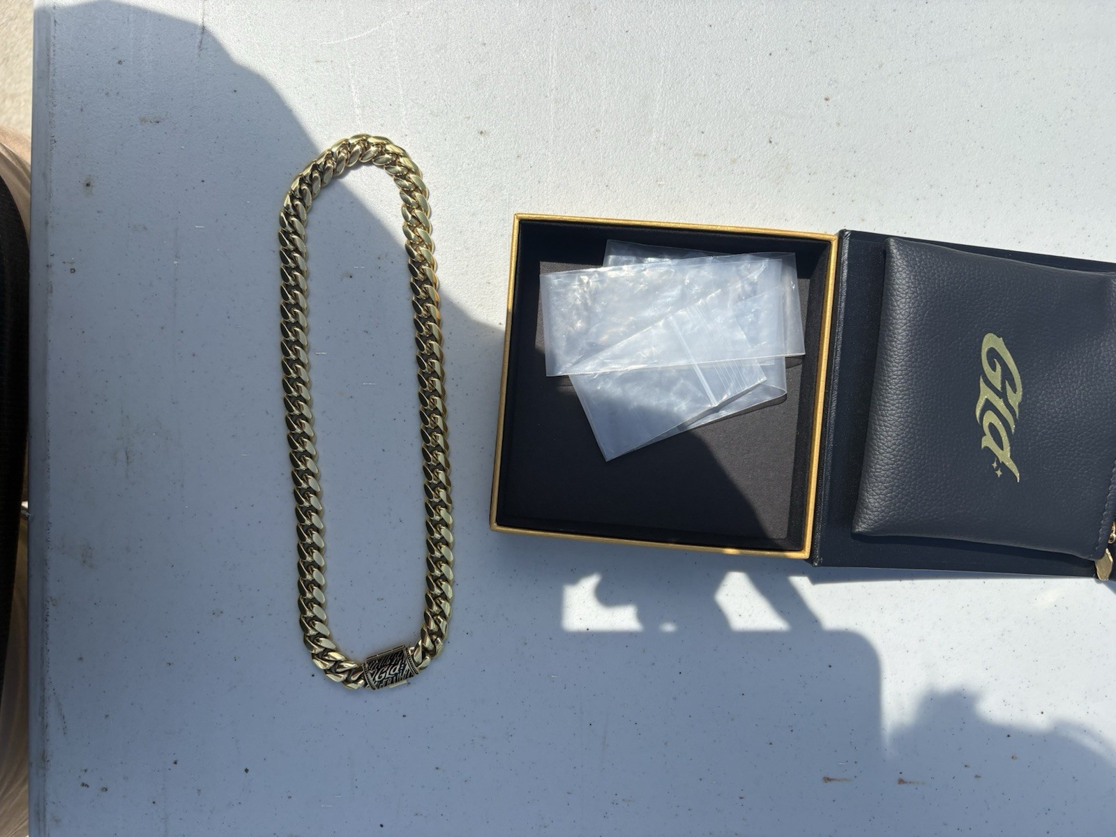 GLD Gold-Tone Cuban Link Chain Necklace Yellow Gold Plated, Box Clasp, Signed
