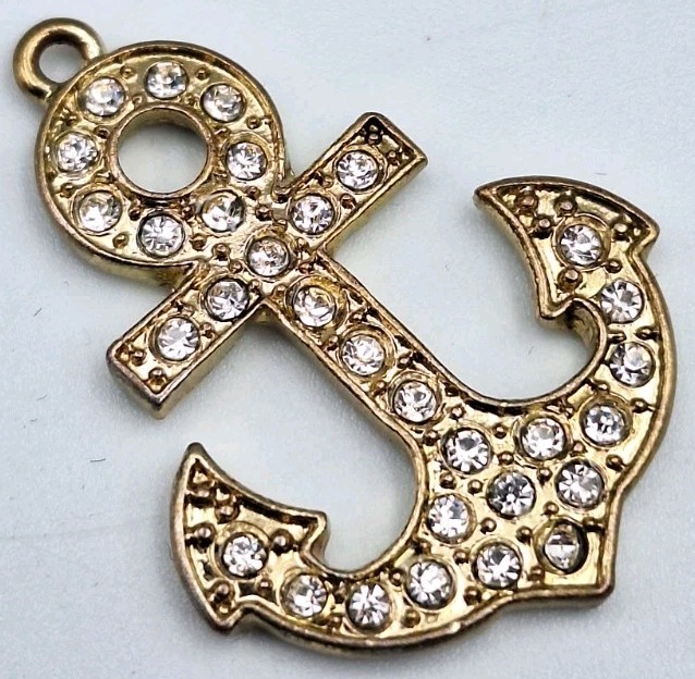 Nautical Anchor Pendant Charm Clear Pave Set Rhinestone CZ Crystal Goldtone 35MM