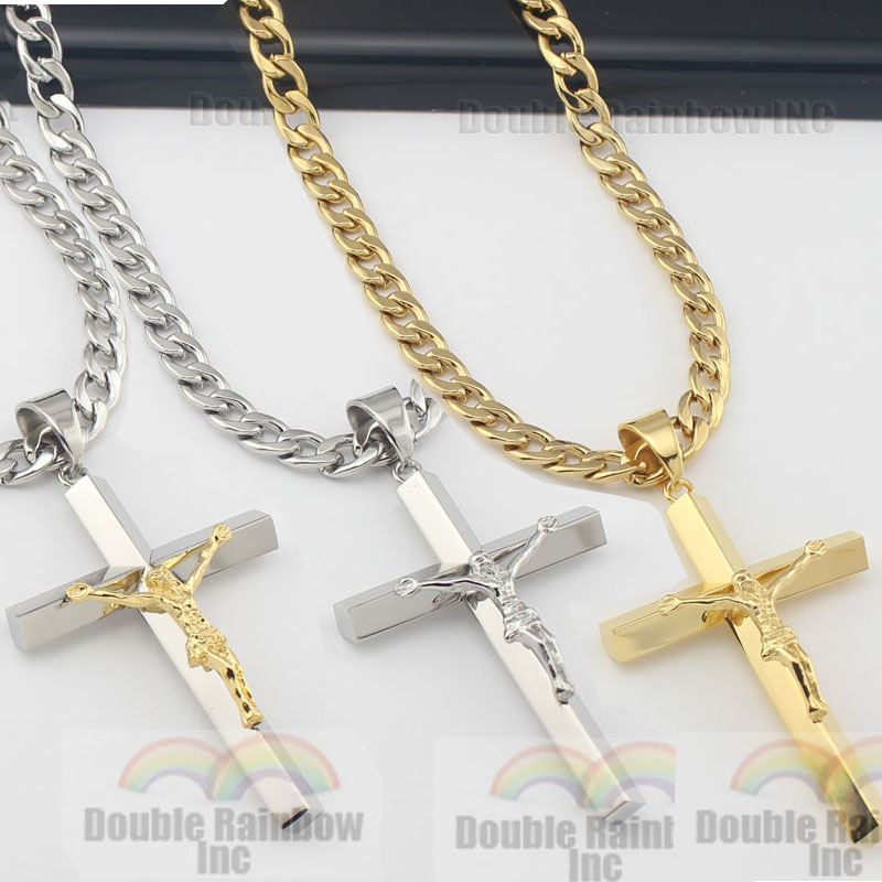 mens 316L stainless steel Silver Gold jesus cross pendant cuban necklace chain 6