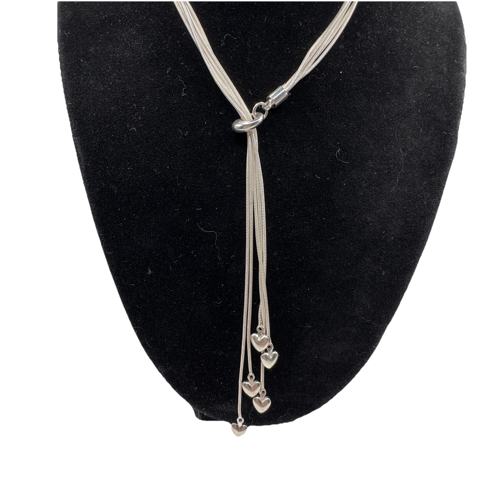 Silver Tone Lariat Necklace 5 Strand Snake Chain Heart Y Drop 16” Fashion