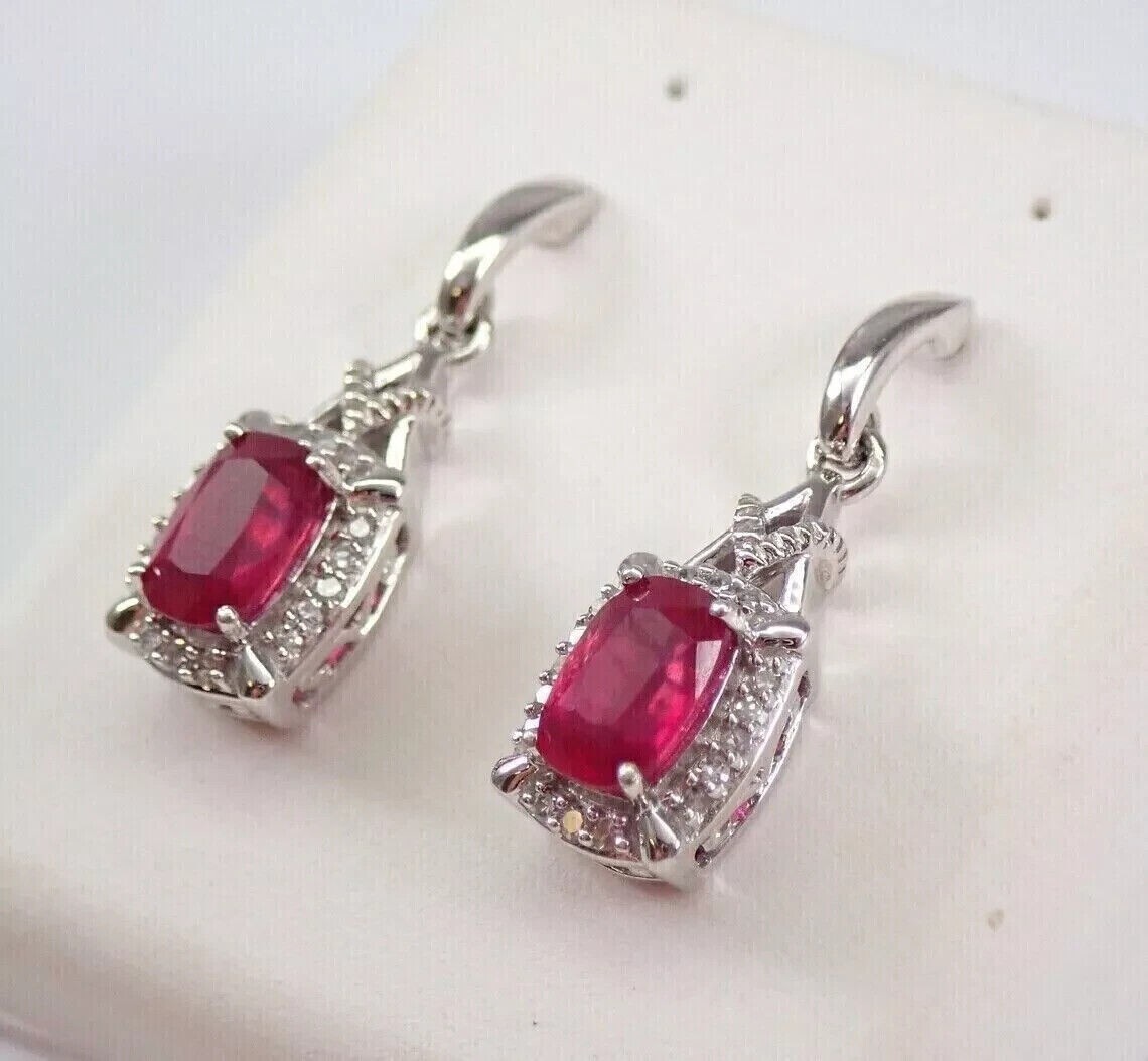 Cushion Cut Simulated Pink Ruby Women’s Drop Earrings In 14k White Gold Plated