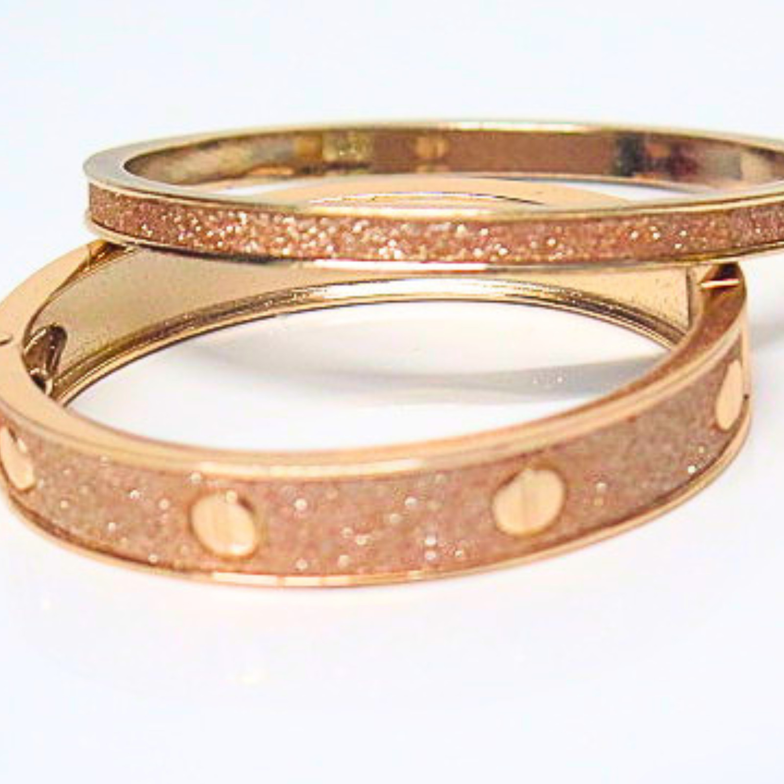 Rose Gold Tone Sparkle Cuff Bracelet Set Glitter Hinged Bangle Stack 2pc
