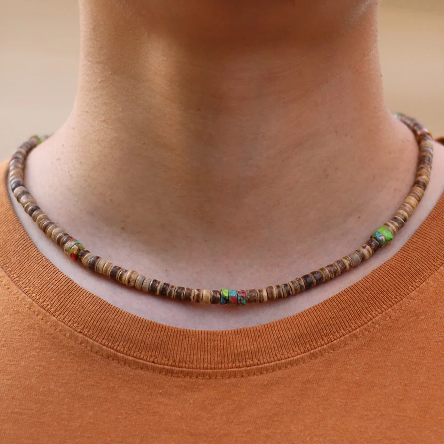 Natural Coconut Wood Necklace 19 Inch Round Bead Rope Chain Men Jewelry