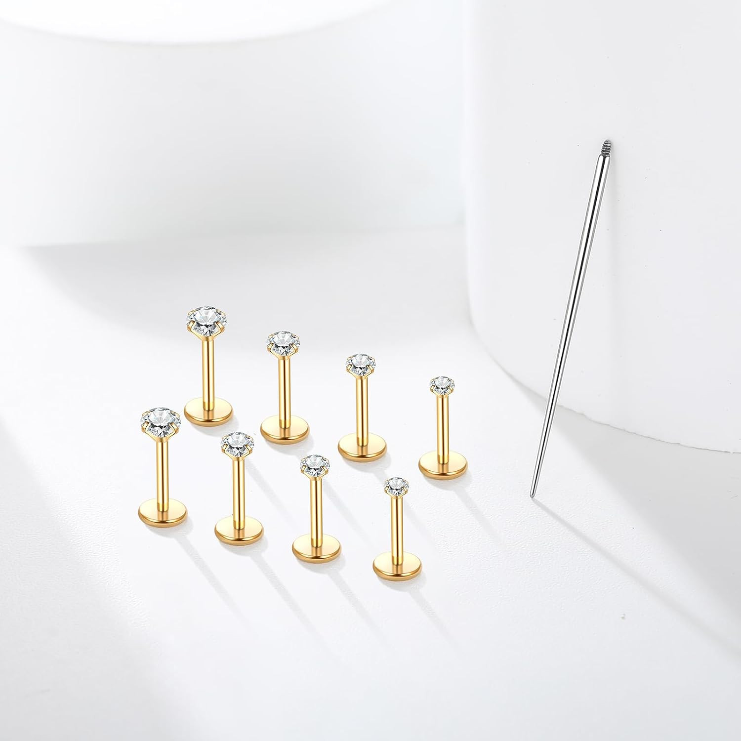 Flat Back Stud Earrings 14K Gold Plated Internally Threaded CZ Stud Piercing Jew