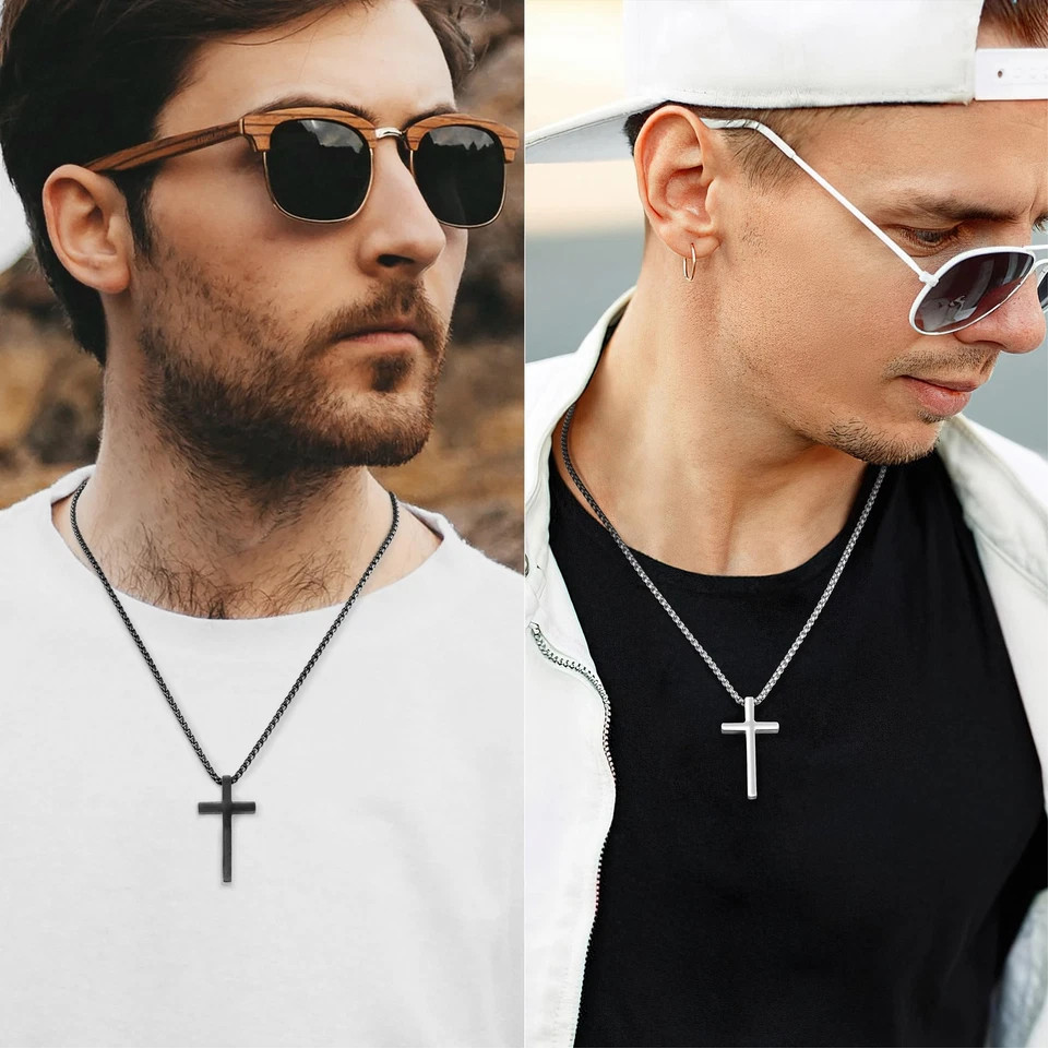 Men Women Plain Cross Necklace Stainless Steel Simple Pendant Box Chain 24″