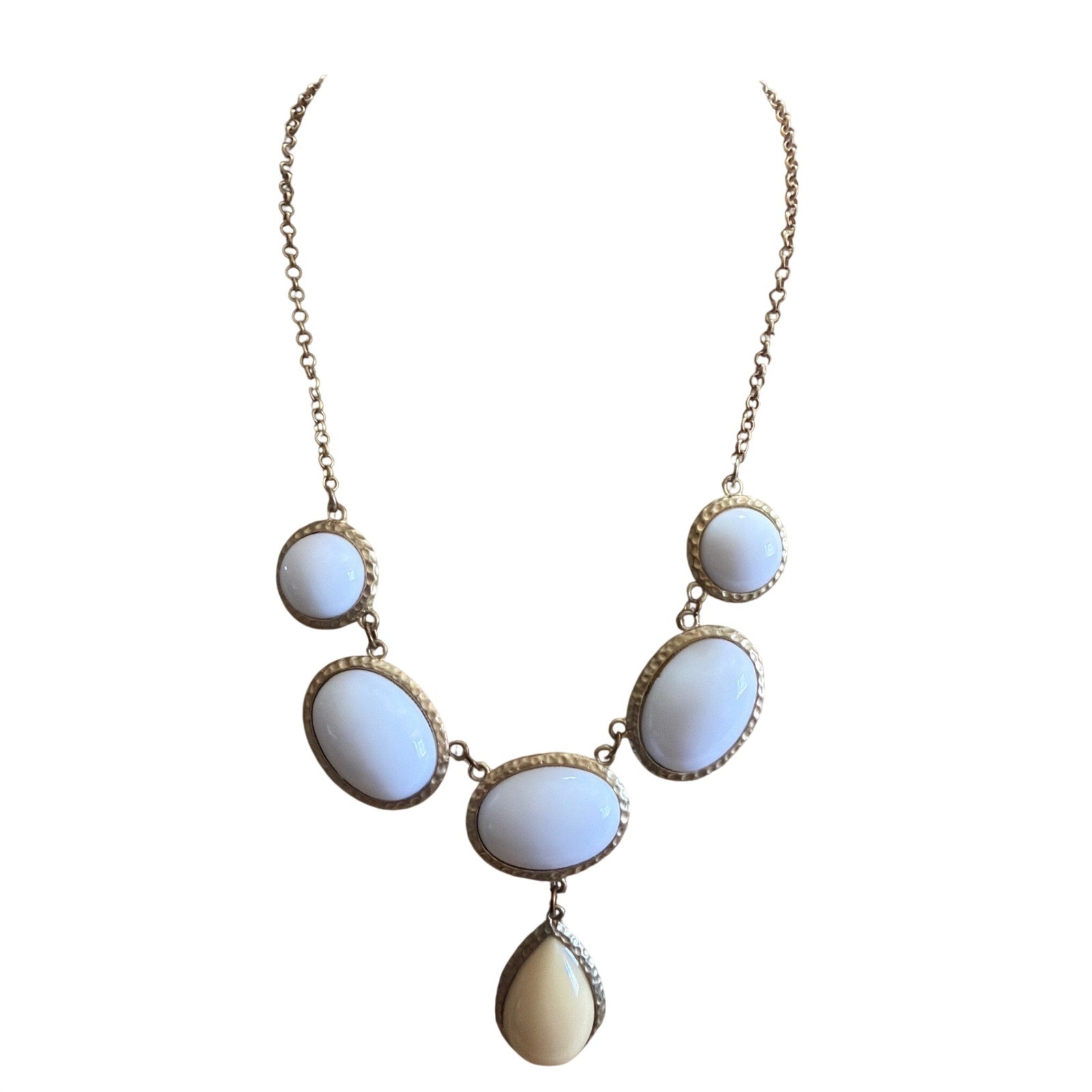Gold Tone White Cabochon Teardrop Bib Statement Necklace Adjustable Elegant