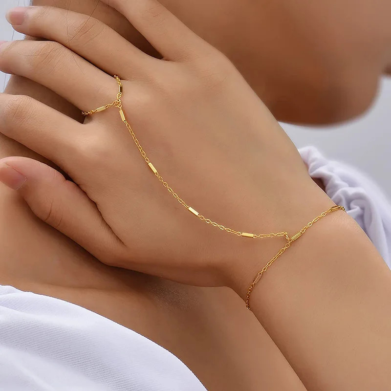 Hand Chain Bracelet with Ring Zircon Adjustable 14K Gold Plated Dainty Women