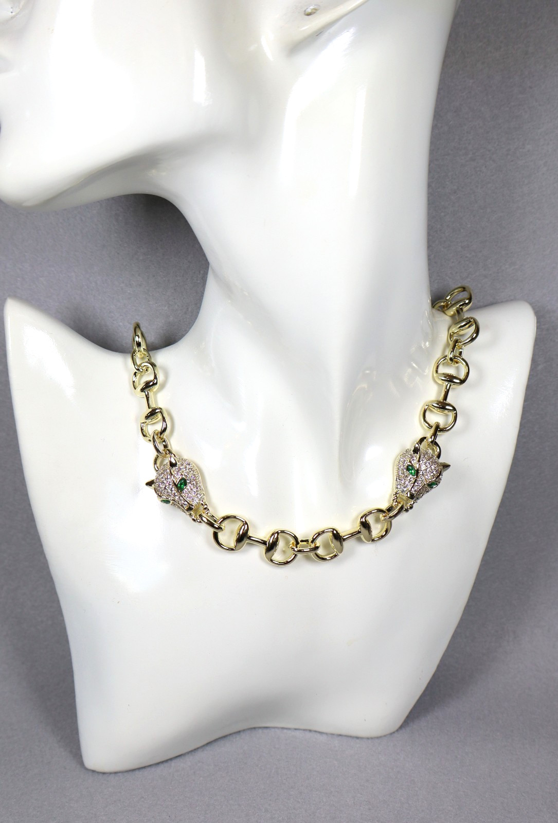Statement Gold Panther Necklace Large Bling Cubic Zirconia Green White Gemstones