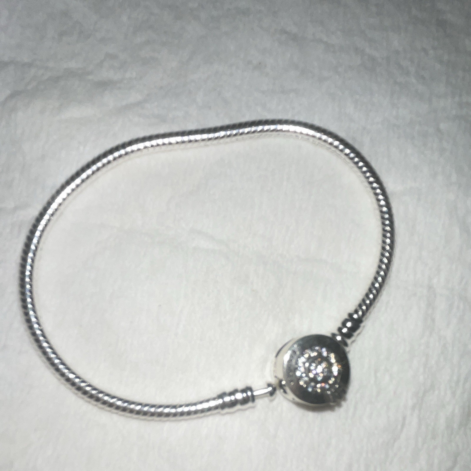 Pandora Silver Snake Chain Charm Bracelet w/ Pavé Round Crystal Barrel Clasp