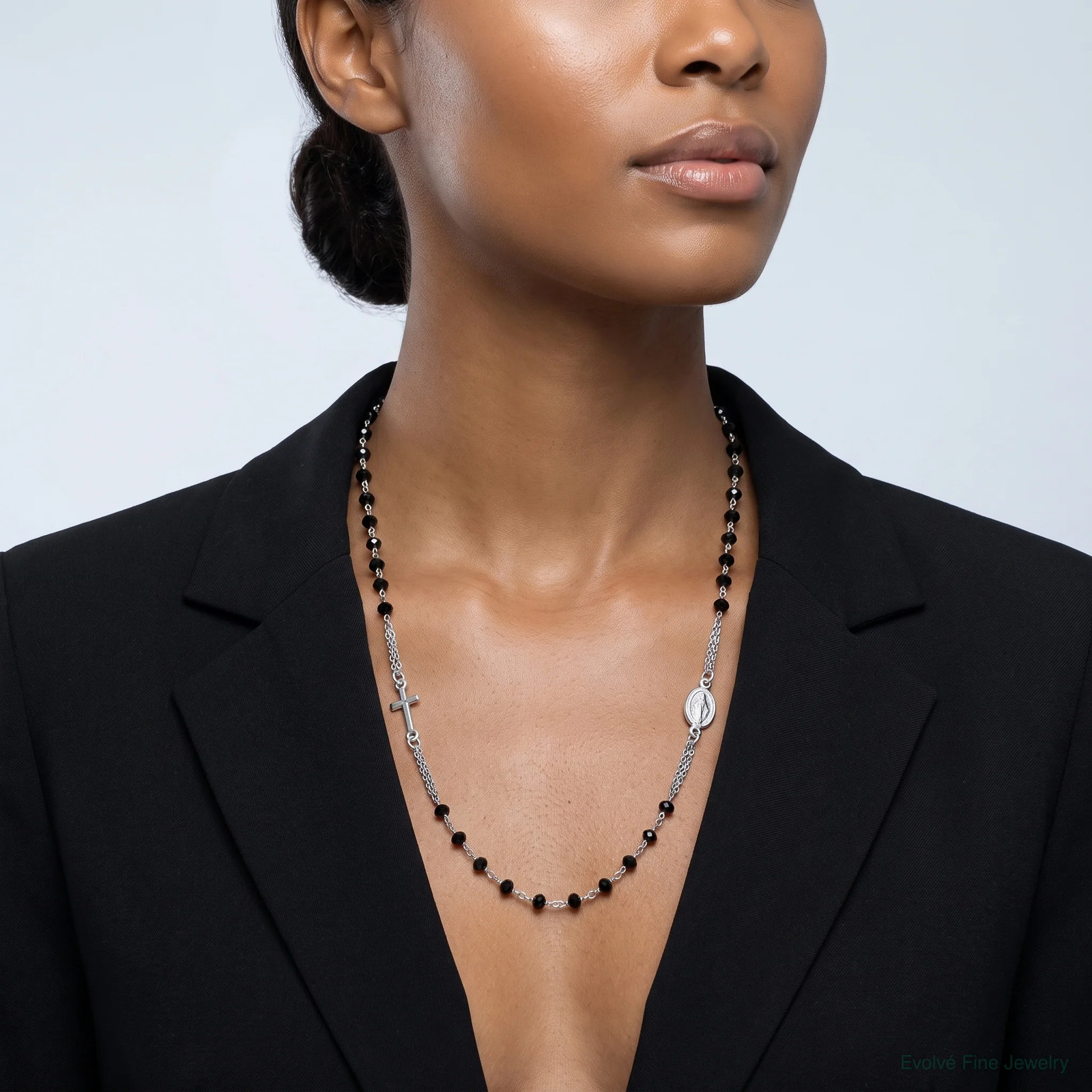 Sterling Silver RH-Plated Blk Crystal 20in W/.5in Ext Rosary Themed Necklace