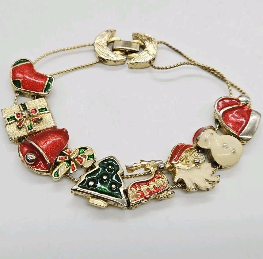 CHRISTMAS BRACELET Sliding Panel Charm Enamel Gold Tone Vintage 7 in #11