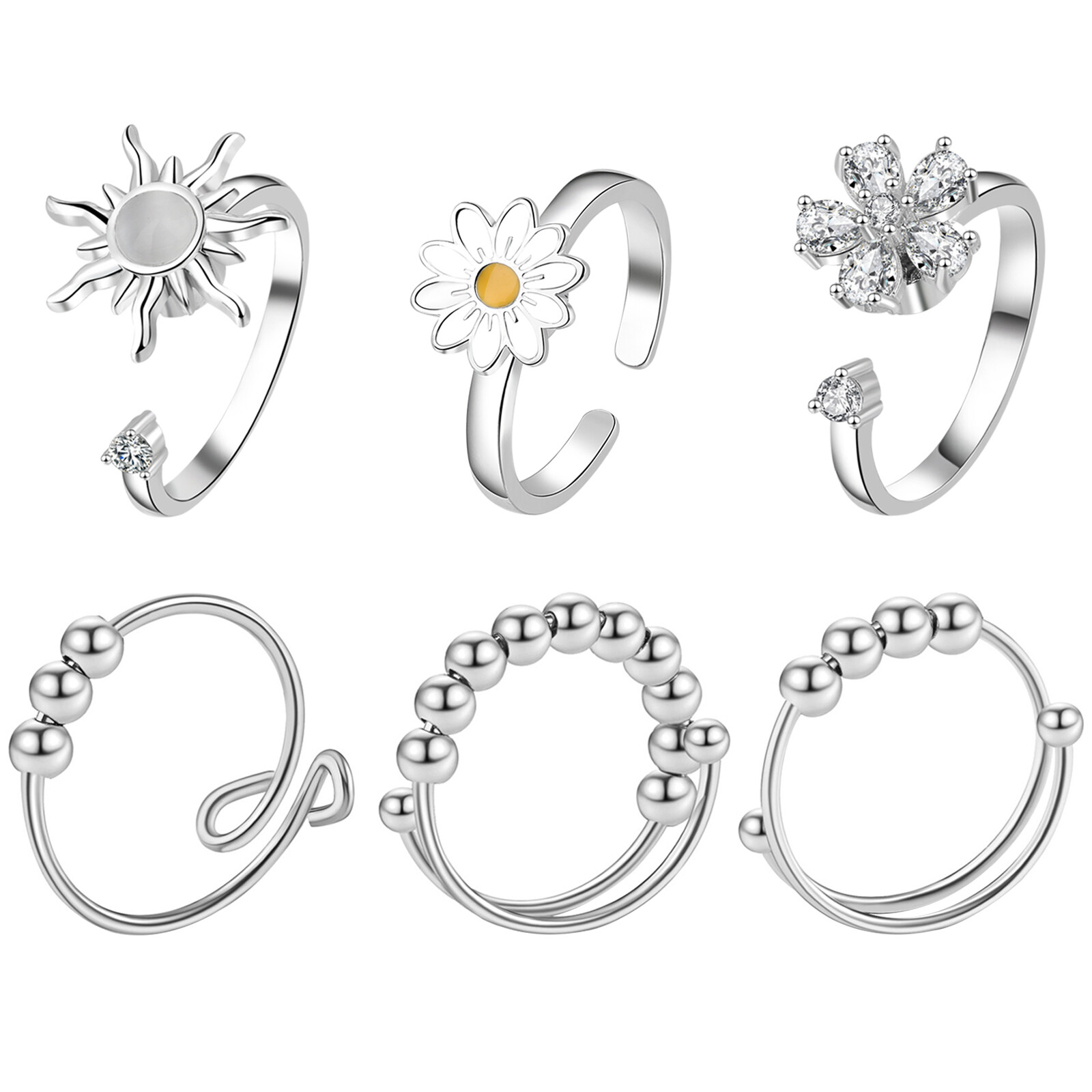 6pcs Rotating Sunflower CZ Spinner Fidget Ring Women Girls Anti Anxiety Rings
