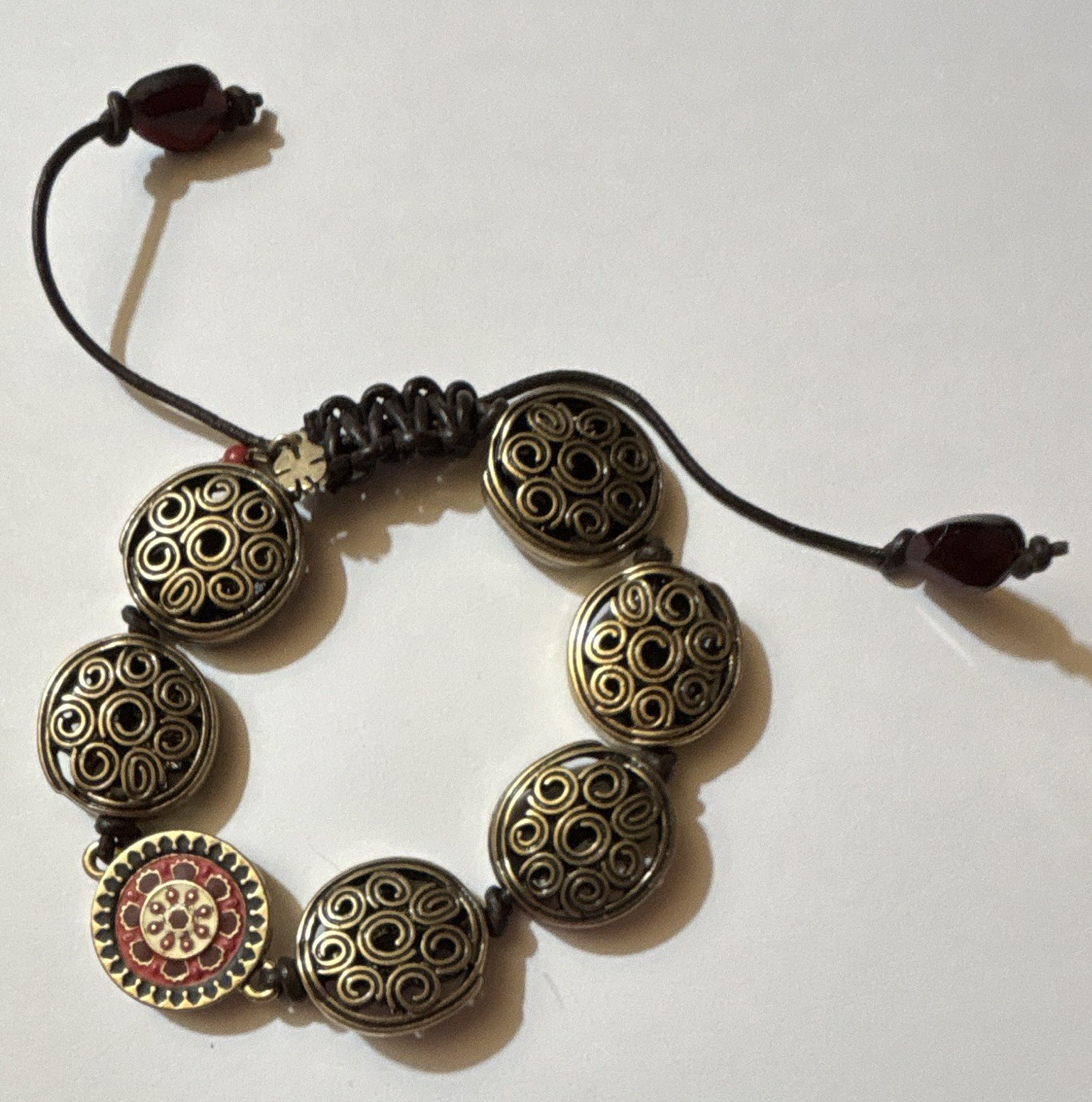 Adjustable Cord Beaded Dangle Charm Bracelet, Bronze Tone Round Beads Bolo