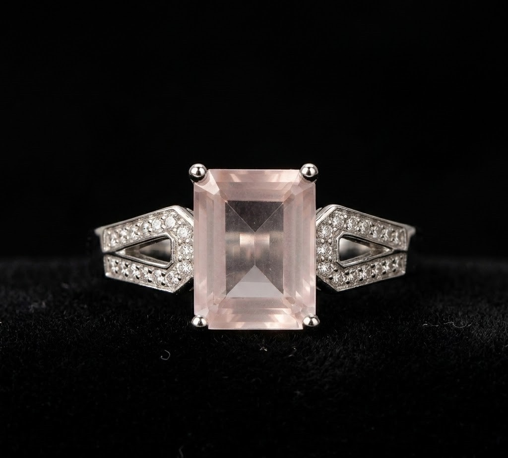 Emerald Cut Rose Quartz Ring, 925 Sterling Silver, Art Deco Geometric Statement