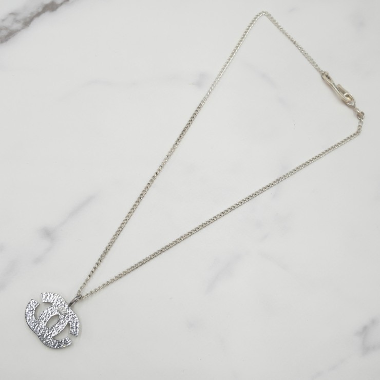 CHANEL Coco Mark Pendant Necklace Silver Tone Clear Stone 42cm