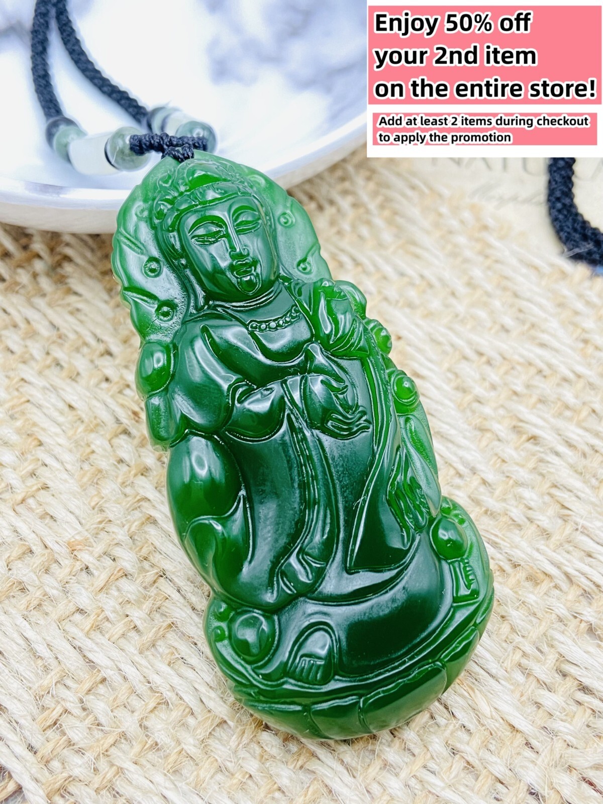 Jade Buddha Charm Pendant Necklace W/ Beads Cord Guan Yin Handmade Carved Gem