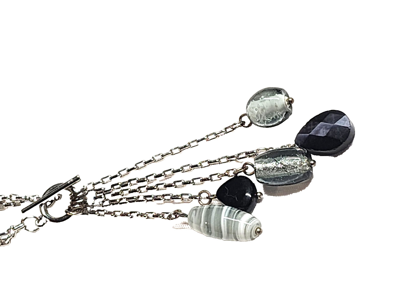 Black Gray Silver Tone Art Glass Bead Tassel Pendant Necklace 14″ Choker GUC