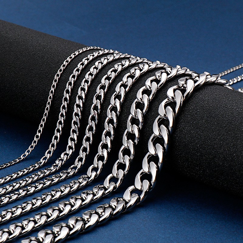 925 Silver Plated Flat Cuban Chain Necklace Men 4-10mm Stainless Jewelry