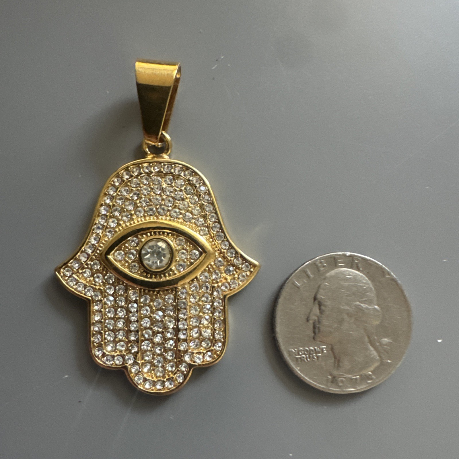 Gold Plated Hamsa Eye Cubic Zirconia Pendant 24 Inch Necklace Religious Faith