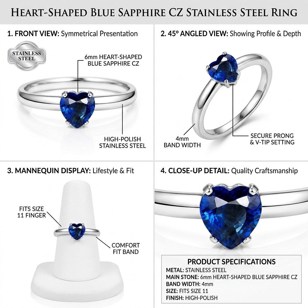 Blue Heart Sapphire CZ Stainless Steel Ring Size 11 Comfort Fit Anniversary Band
