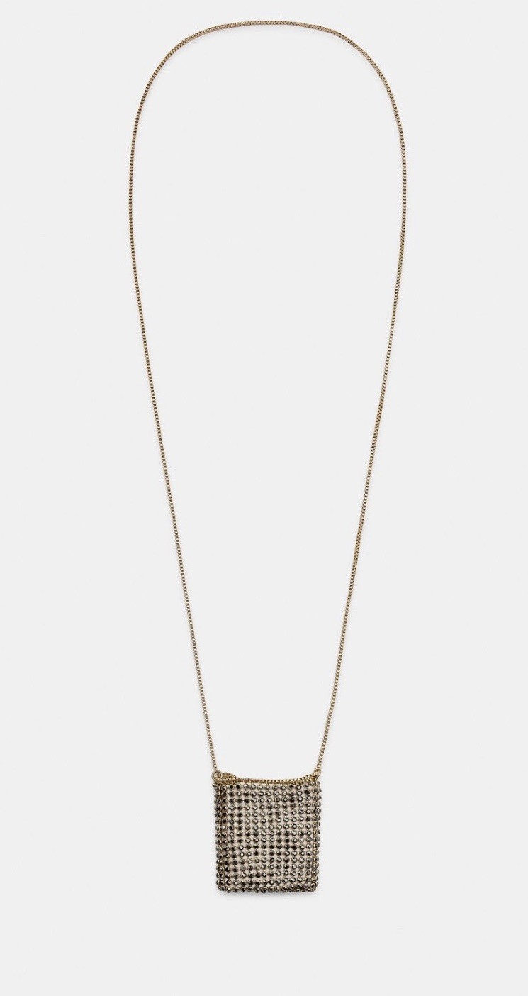 NIB Zara Rhinestone Bag Pendant Long Necklace 33” in Gold Color