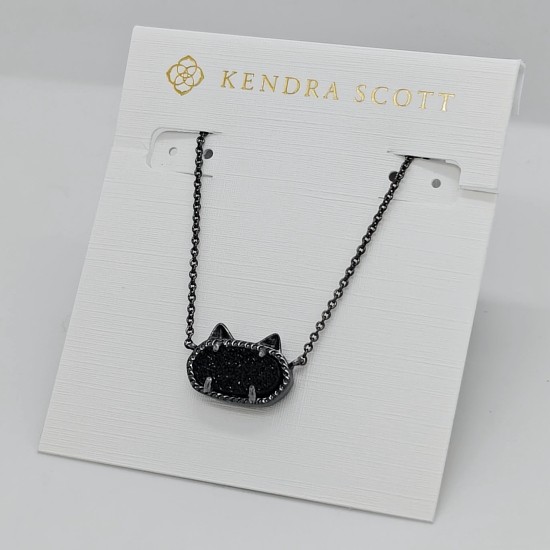 Kendra Scott Elisa Cat Kitty Gunmetal Pendant Necklace In Black Drusy