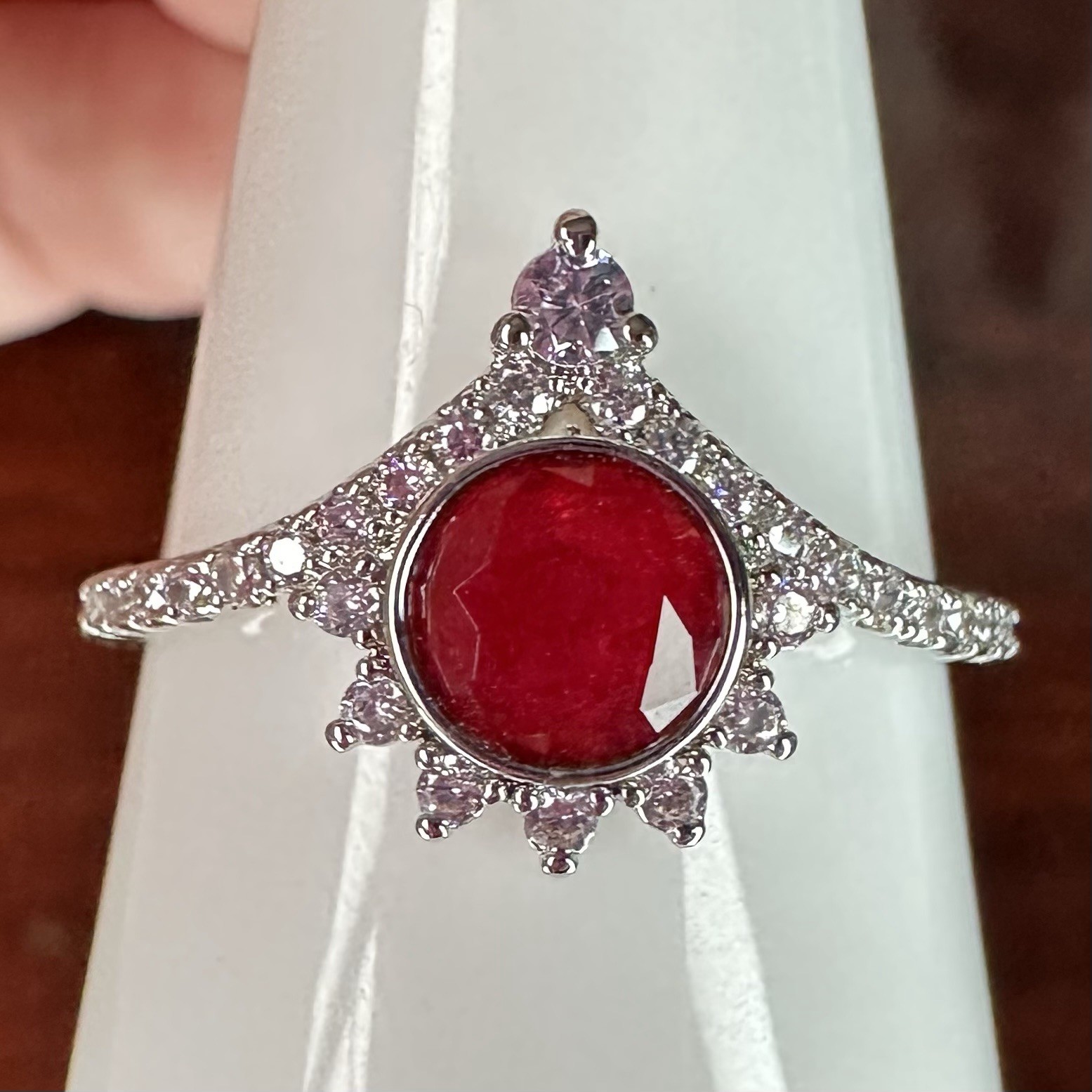 Bomb Party Ring- Treated Genuine Quartz/Lab Red- Size 11- Rhodium Plated