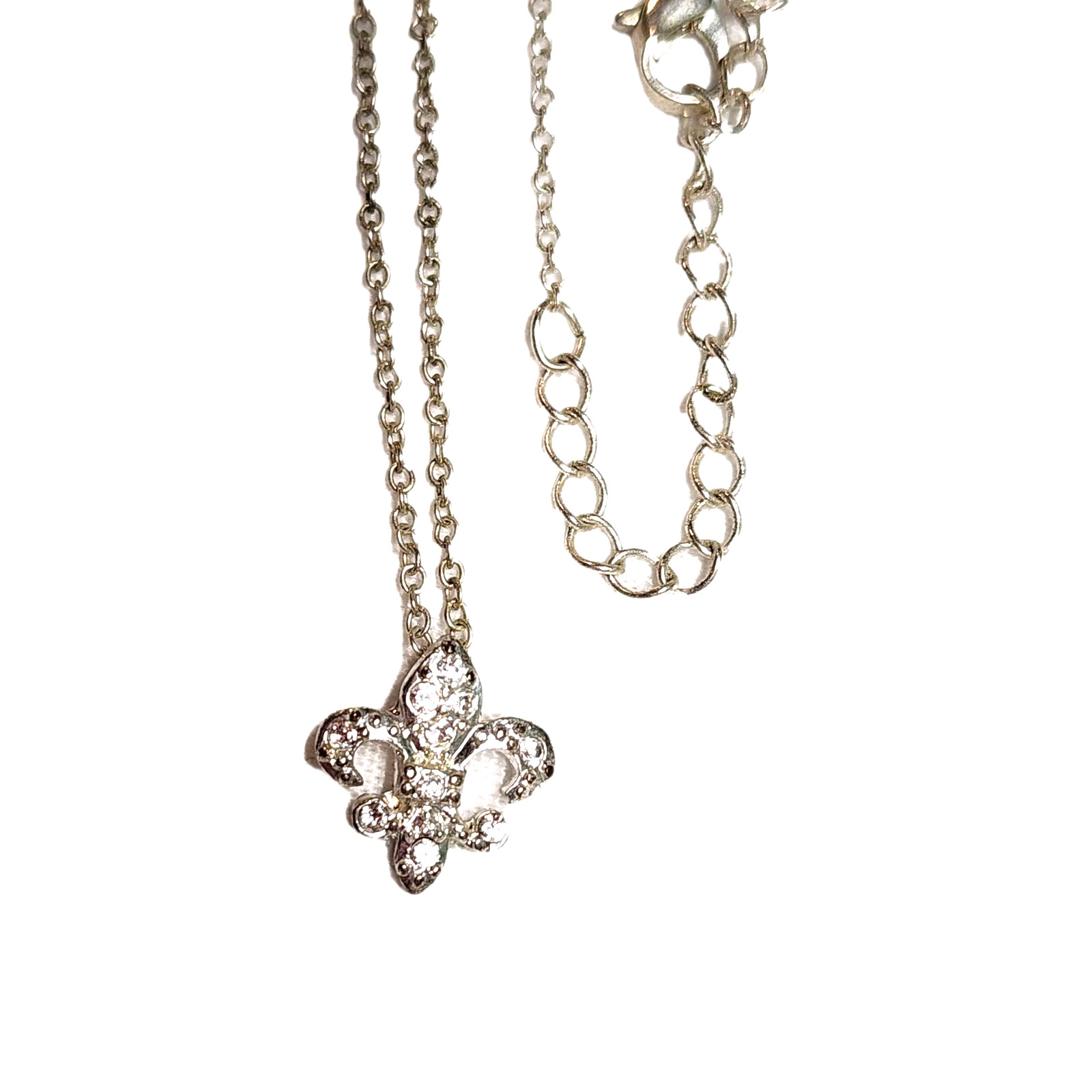 Dainty White Rhinestones & Silver Tone Fleur De Lis Pandant Charm Necklace 18″