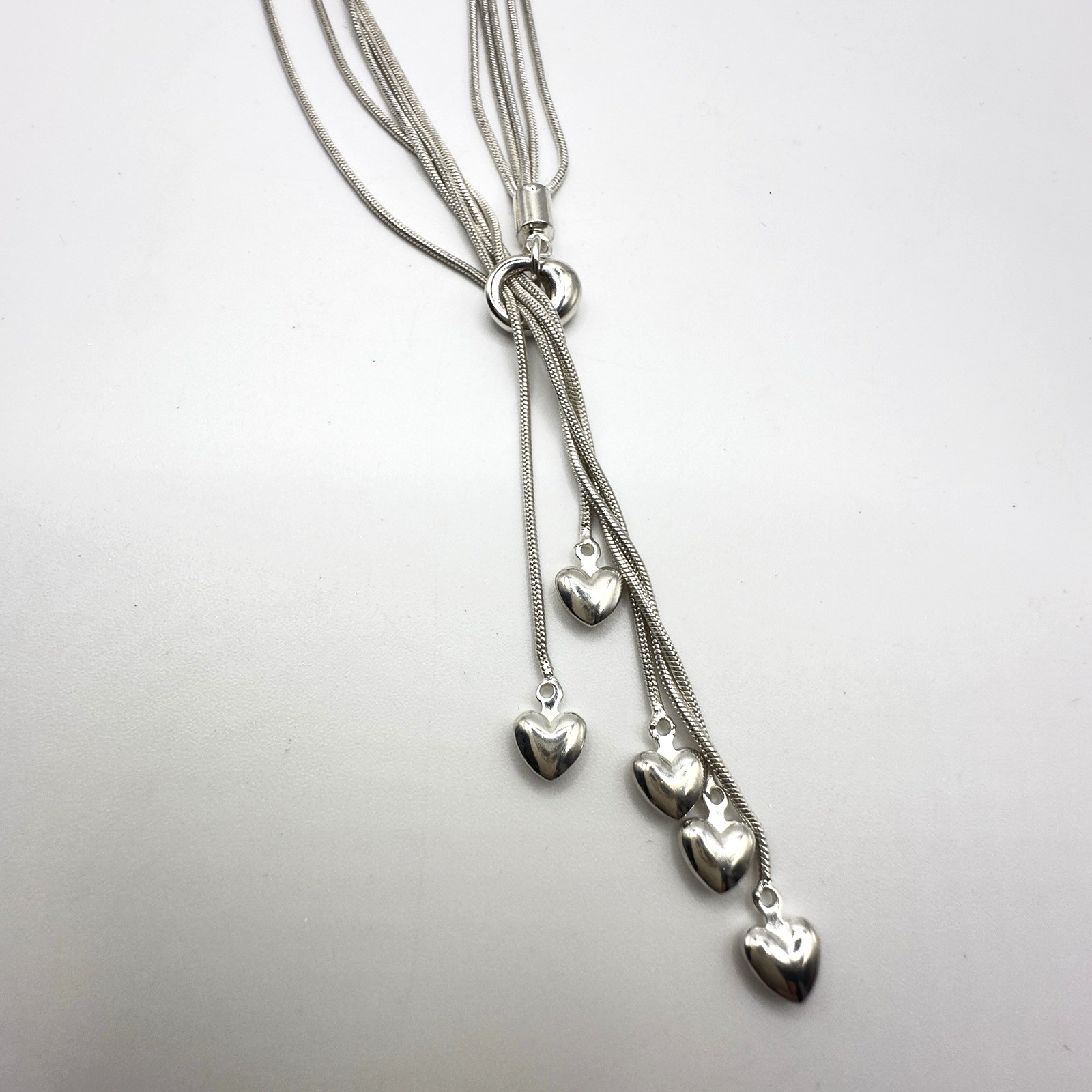 Silver Tone Lariat Necklace 5 Strand Snake Chain Heart Y Drop 16” Fashion