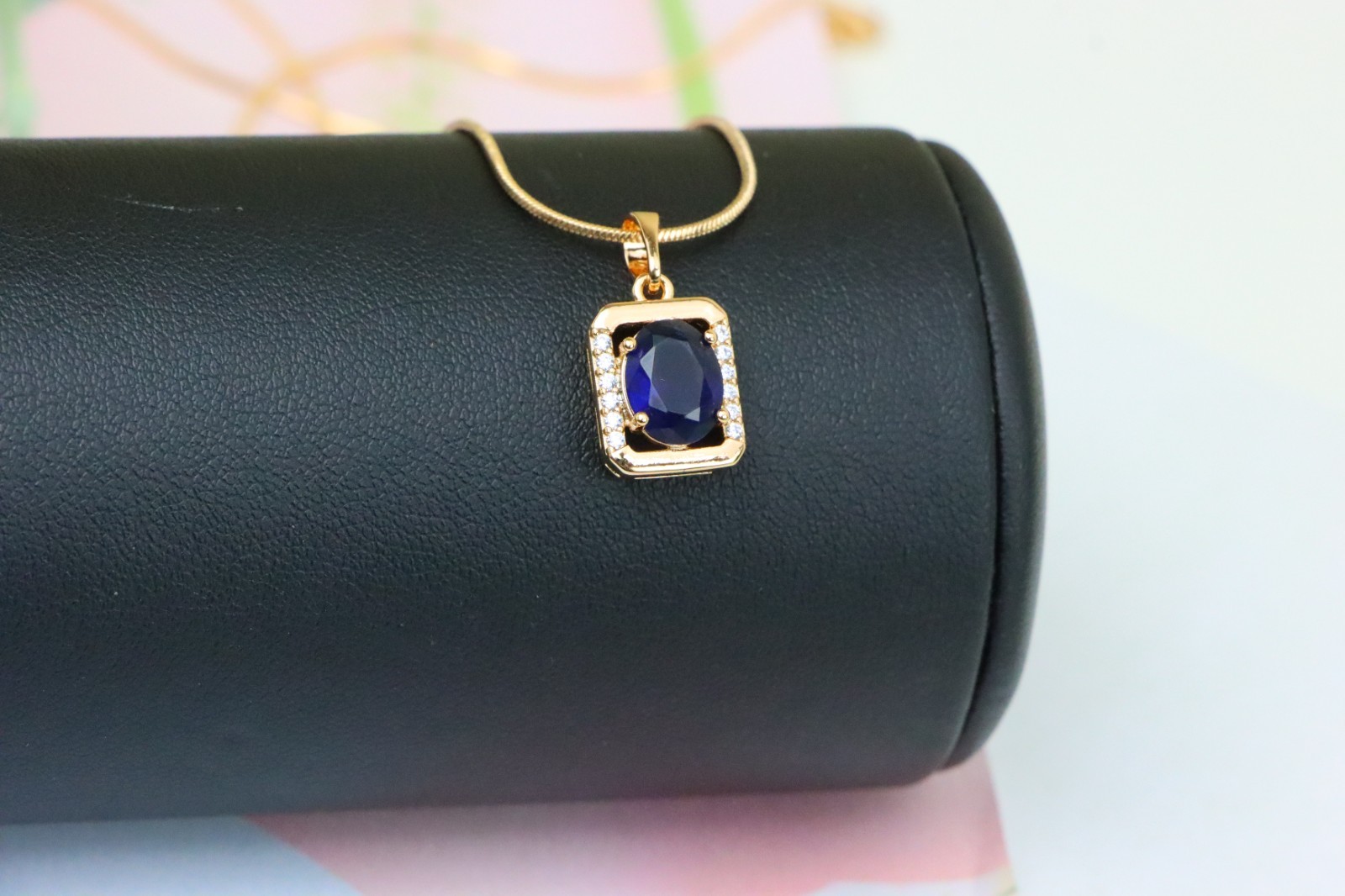Rose Gold Rectangle Pendant with Blue Stone and Crystal Accents, XPPT1276