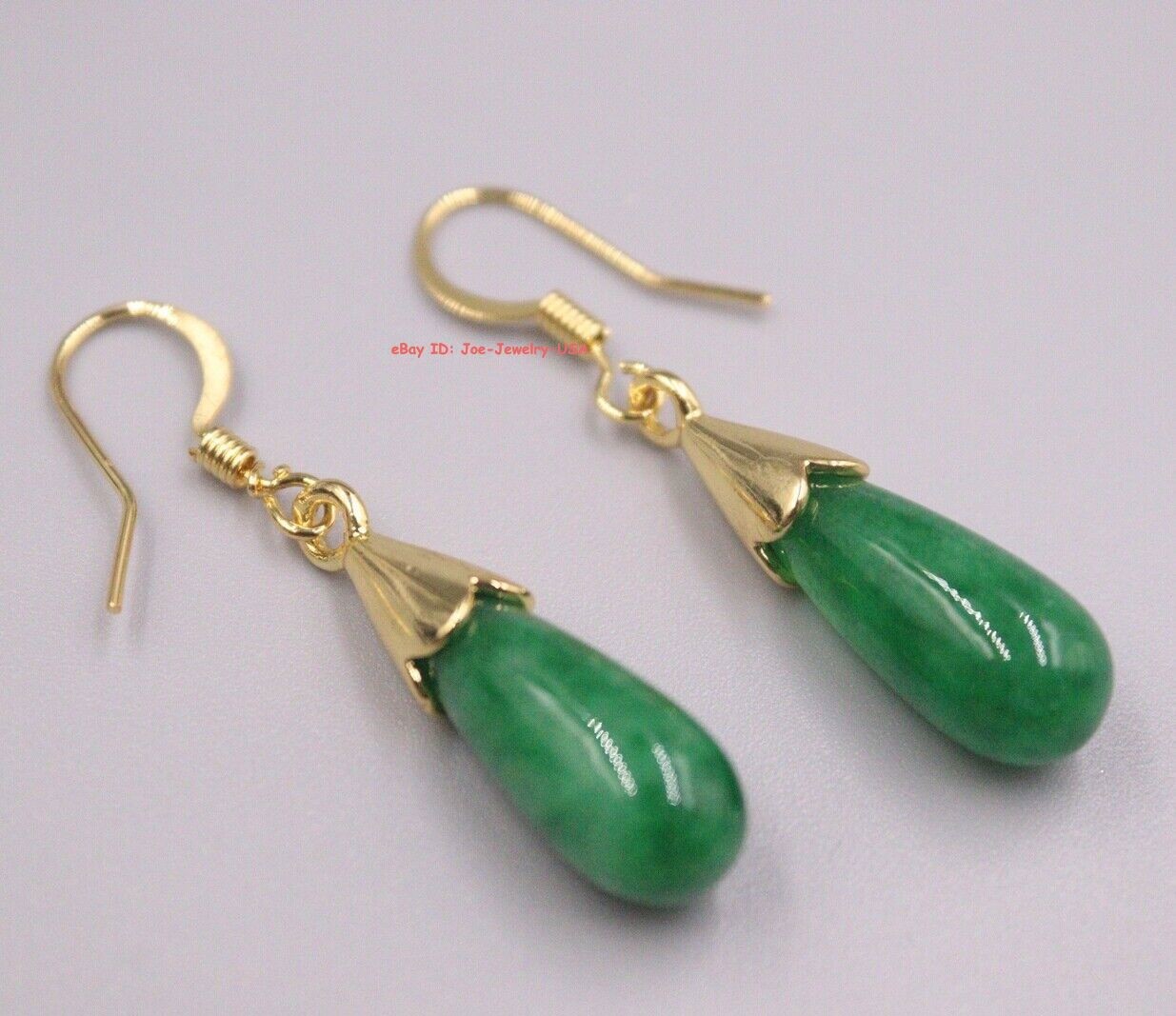New Gold Plated Alloy Heated Dark Green Jade Droplet Charm Dangle Earrings