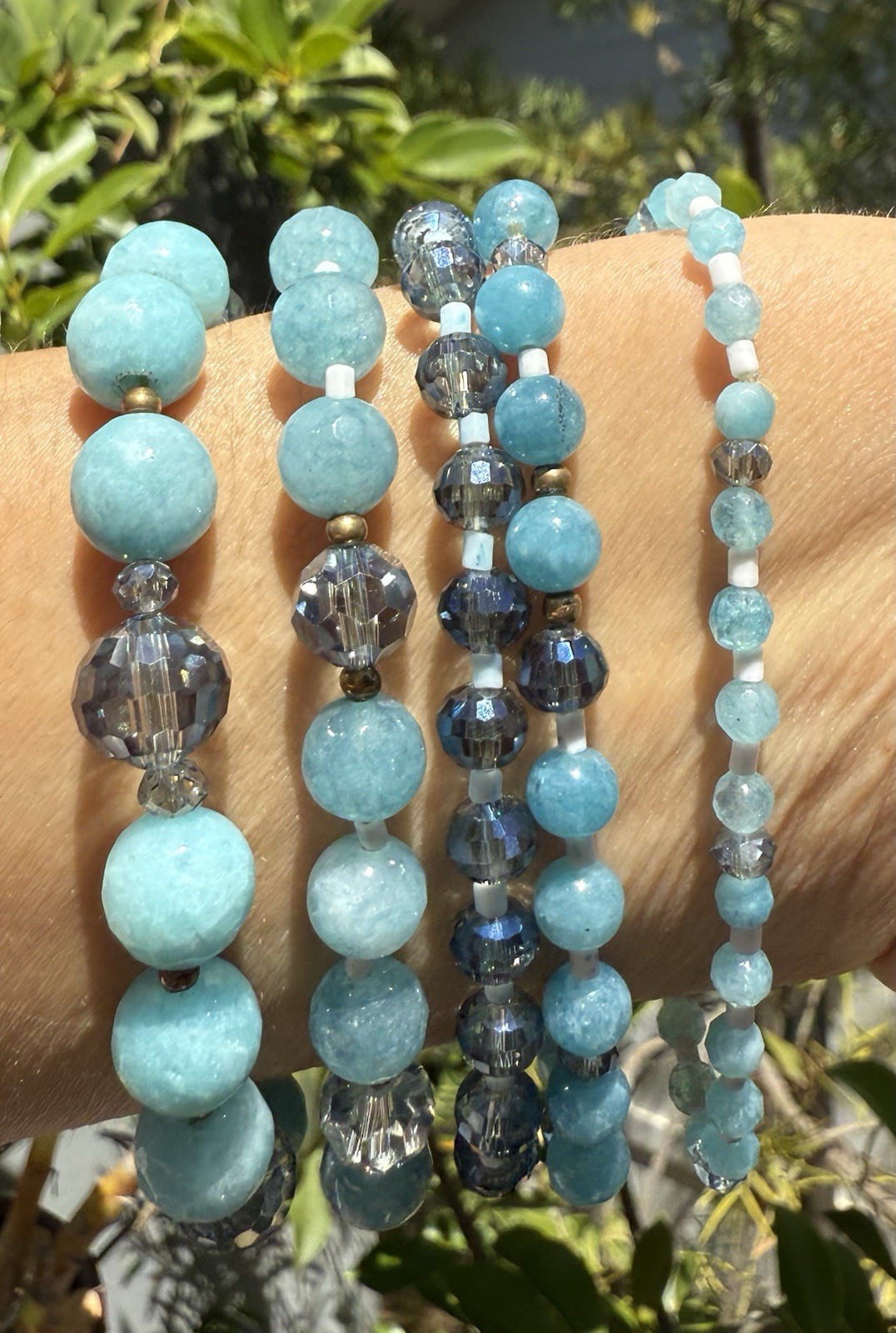 Blue Multi-Strand Statement Beaded Necklace, Round Glass Beads, Ball/Bead