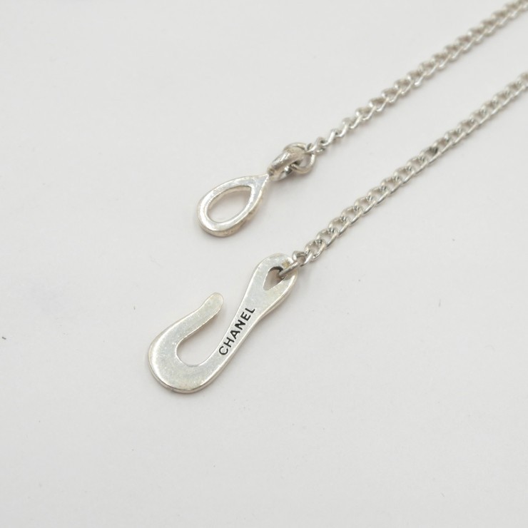 CHANEL Coco Mark Pendant Necklace Silver Tone Clear Stone 42cm