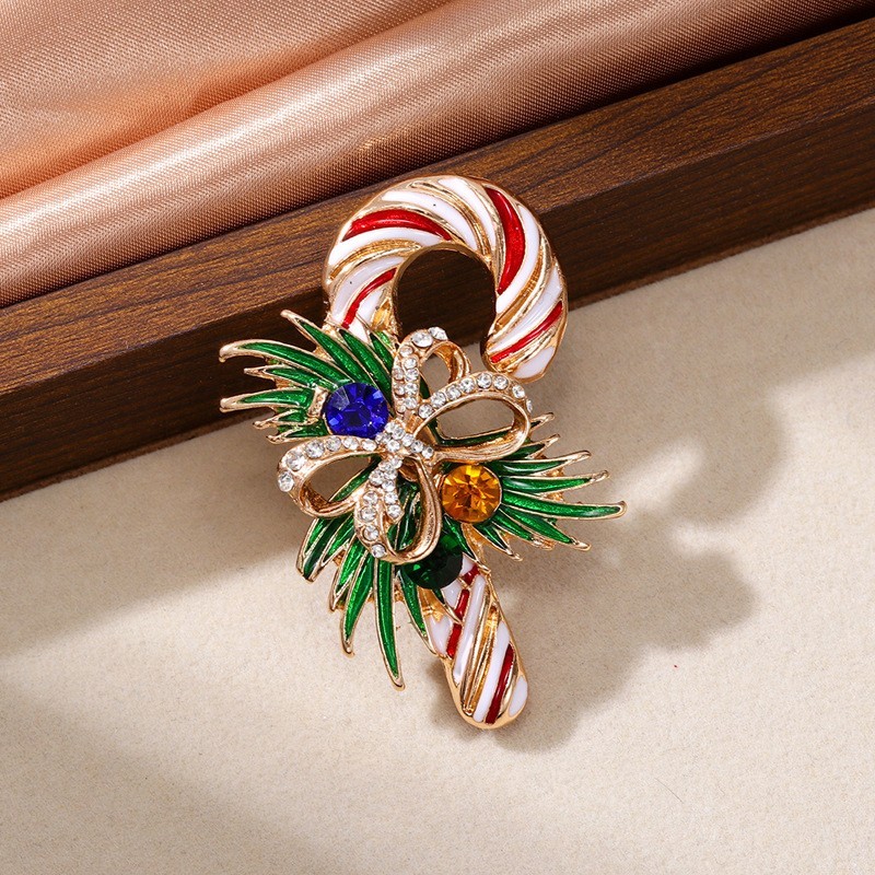 Christmas Candy Cane Bow Brooch Pin Colorful Rhinestone Holiday Gift Jewelry