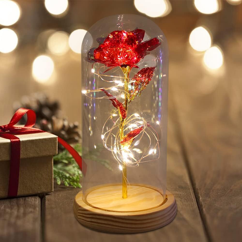 Crystal LED Rose Flower in glass dome Romantic Gift Love for mom girl Birthday