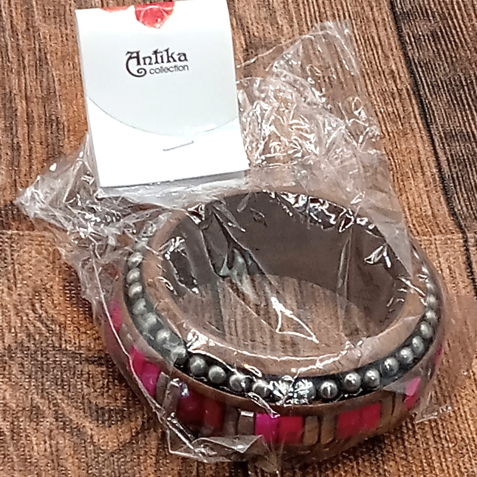 PINK RED Silver Studded Wood Bangle BRACELET Goth Boho Artisan INDIA Antika