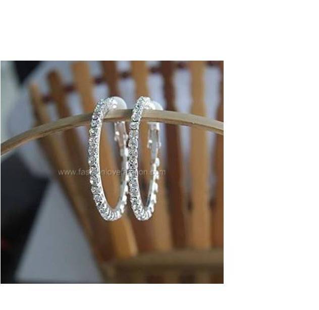 1 Pair Silver Clip On Rhinestone Hoop Earrings Extra Large 2 1/2″ Or 65 MM