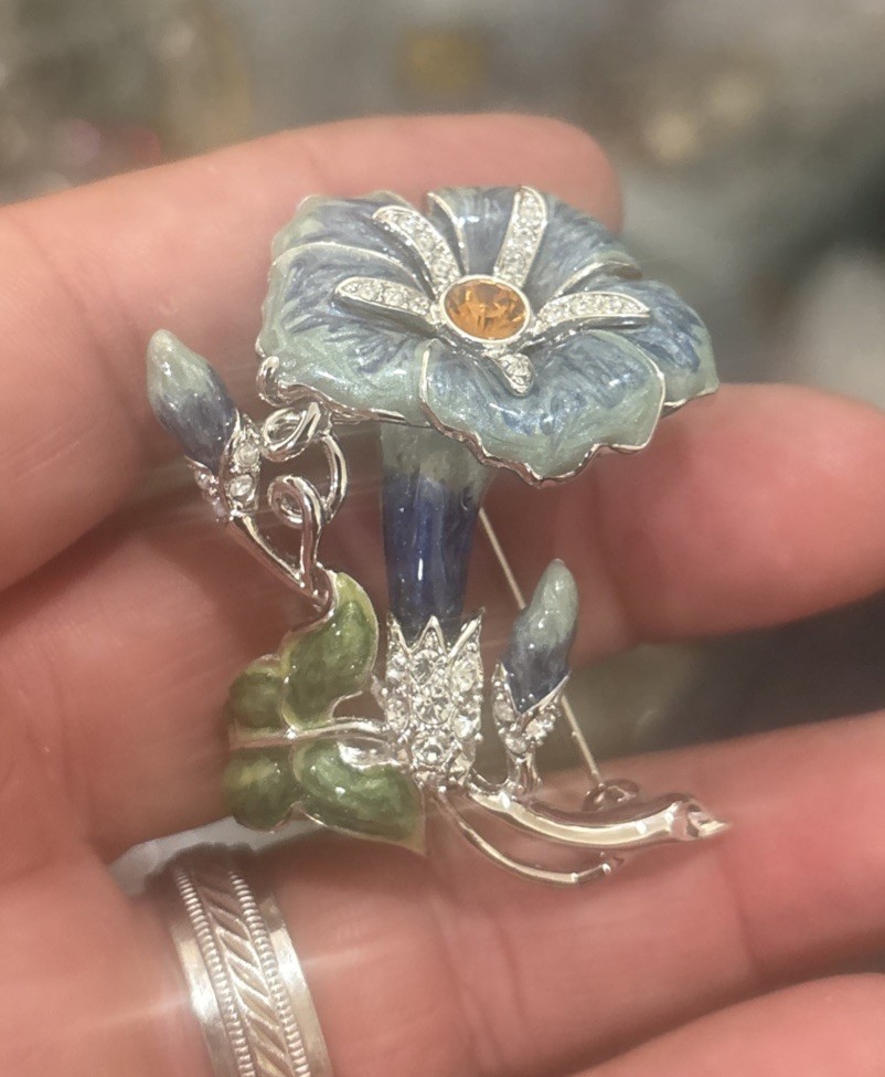 Stunning Nolan Miller Morning Glory Blue Enamel Flower BROOCH SWAROVSKI CRYSTALS