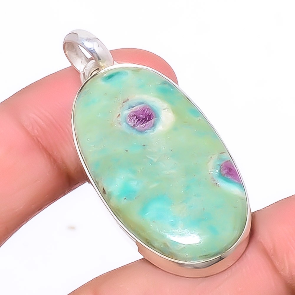 Ruby In Fuschite- India Gemstone Simulated 925 Sterling Silver Pendant 1.95″ A35