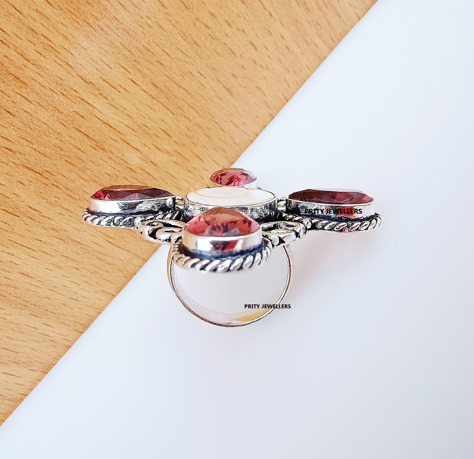 Natural Shiva Eye With Pink Tourmaline Silver Plated Ring, All Size Available