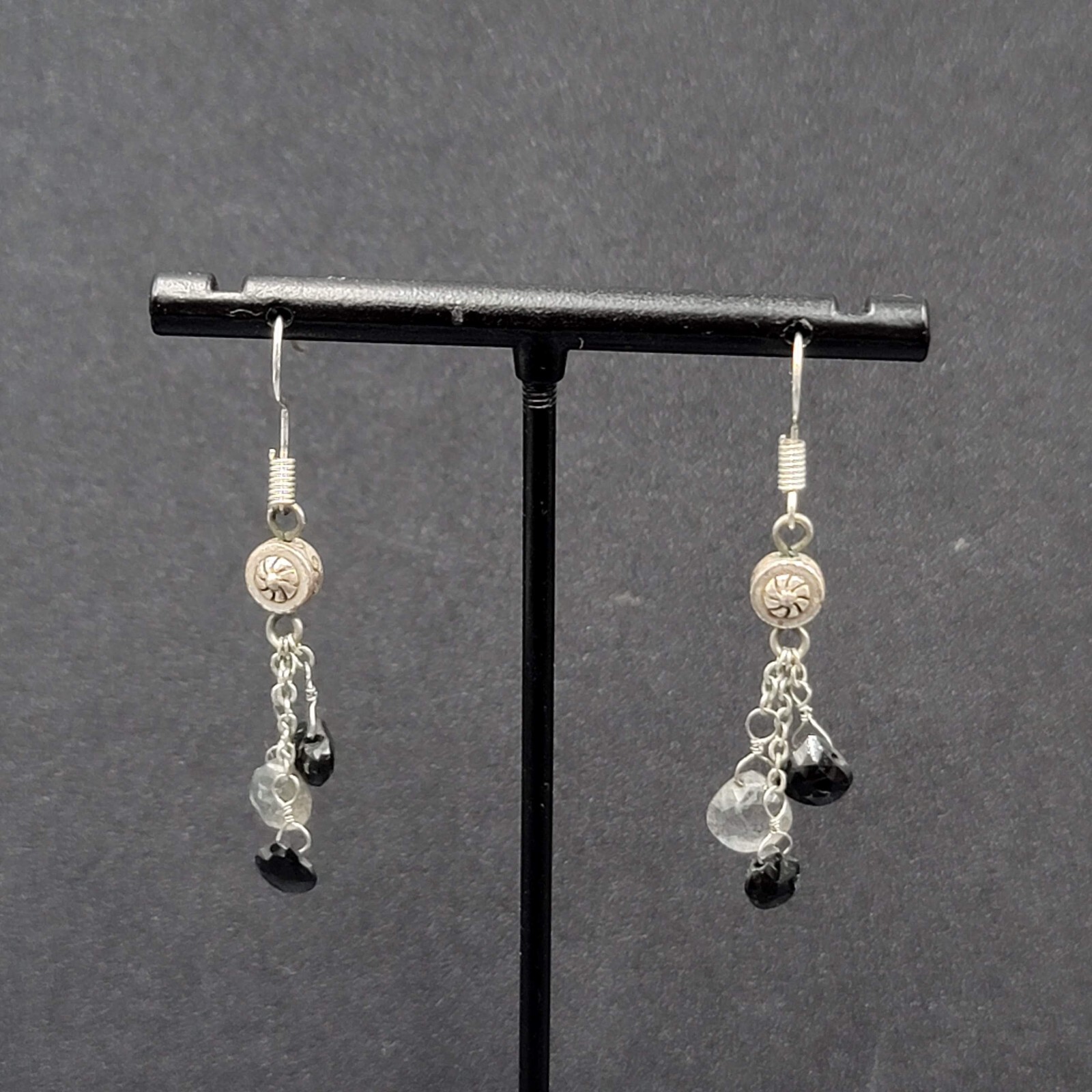 Pierced Earrings Silver tone Black Gray Stones on Dangle Chains 1.25″